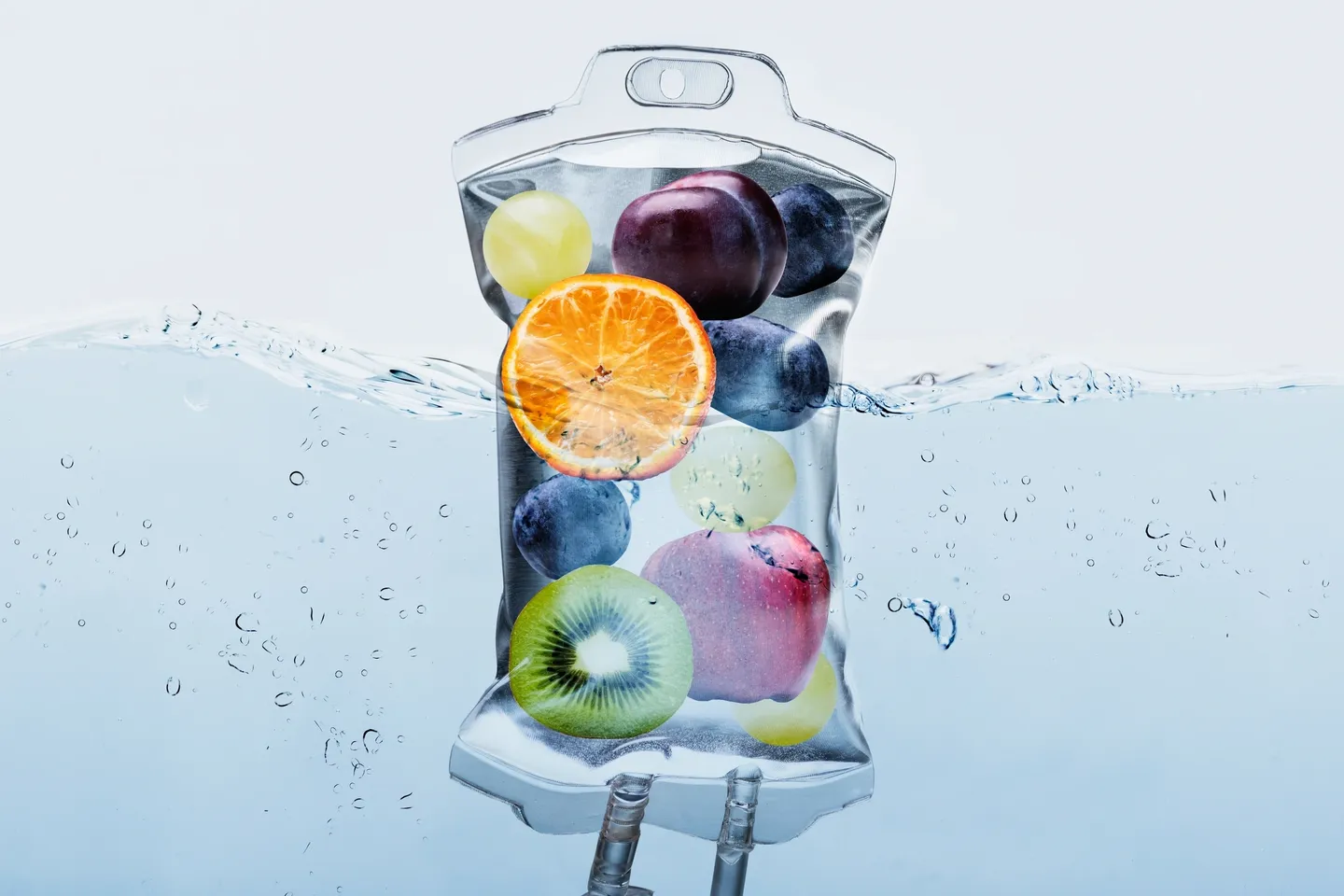 A bag of fruit is shown in the water.